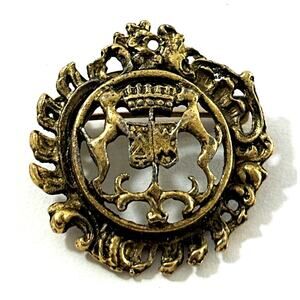 Vintage Gold Tone Heraldic Emblem Brooch Crown Shield Medieval Style Pin